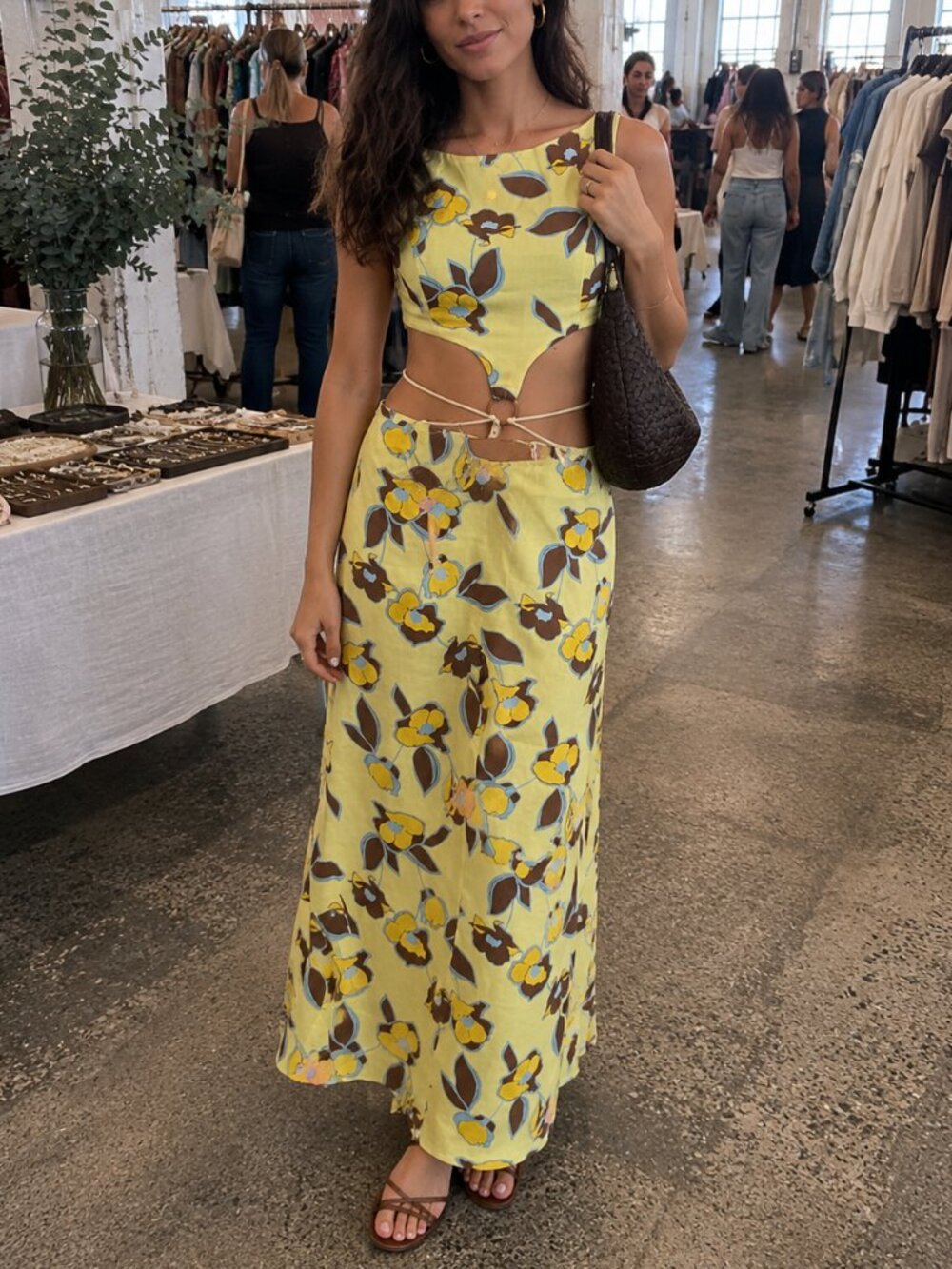 Euro Summer Peppermayo Yellow Floral Linen Blend Ring Cut Out Maxi Dress US12
